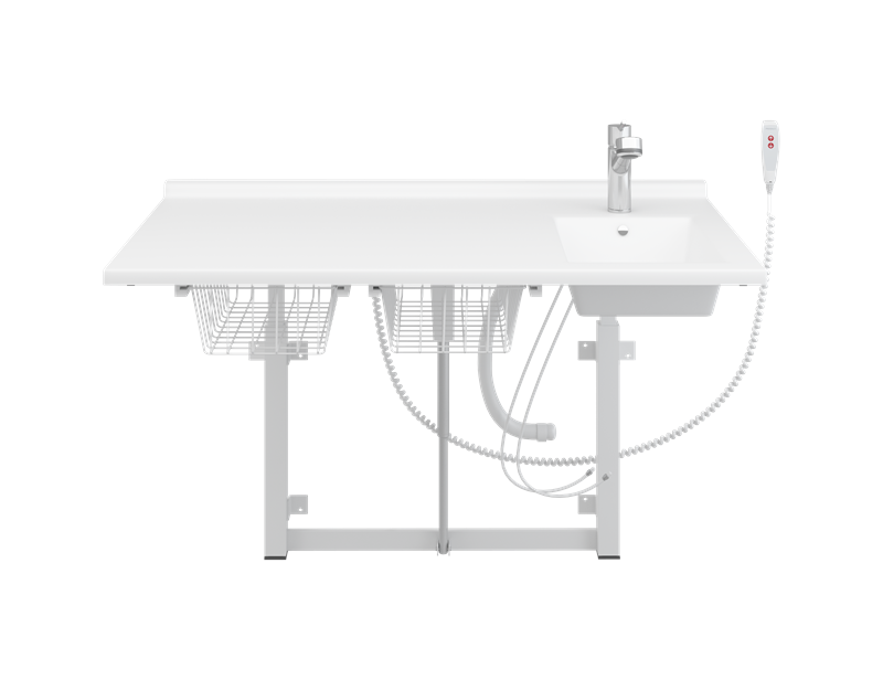 Wickeltisch, 800 x 1400 mm, elektrisch höhenverstellbar, mit sanitären Artikeln und Ausziehbrause